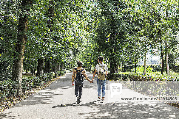 Back view of young gay couple with backpacks walking hand in hand on a road