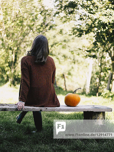 Back view of woman sitting on wooden bench besides a pumpkin