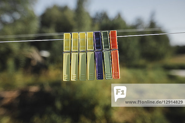 Row of clothes pegs hanging side by side on washing line