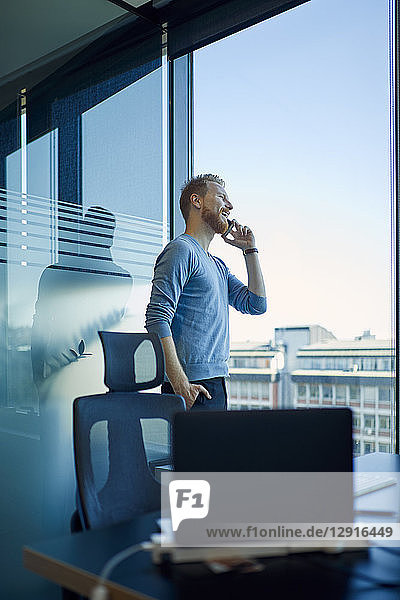 Businessman in office on cell phone at the window