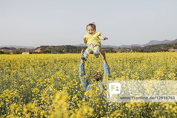 Spain  father and baby girl having fun together in a rape field