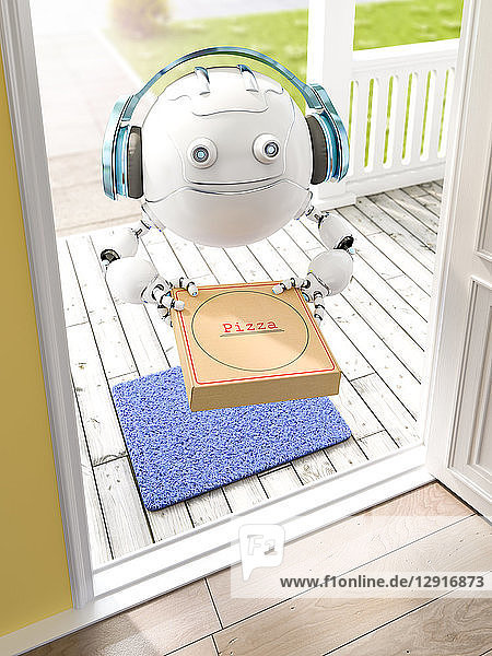 3D rendering  Little drone with headphones delivering pizza