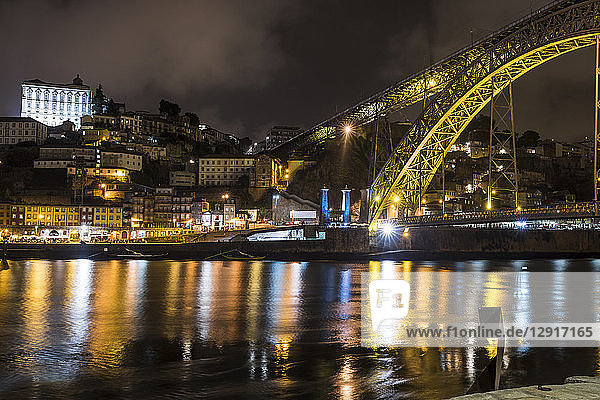 Portugal  Porto  view to the city and Ponte Luiz I Bridge over Douro river at night