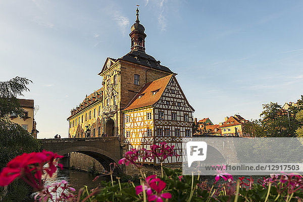 Germany  Bavaria  Upper Franconia  Bamberg  Old townhall  Obere Bruecke and Regnitz river