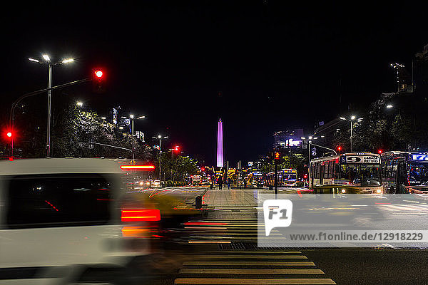 Street view with landmark Obelisk at night  Buenos Aires  Argentina