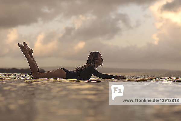 Weibliche Surferin auf dem Surfbrett liegend beim Surfen im Meer in der Morgendämmerung  Kuta  Bali  Indonesien