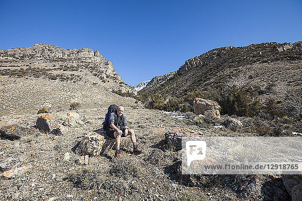 Porträt eines sitzenden Rucksacktouristen in der Lost River Mountain Range  Idaho  USA