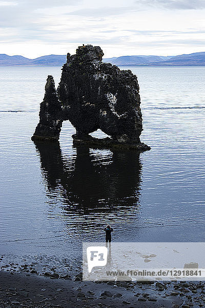 Silhouette einer Wanderin  die an der Küste steht und eine Felsformation betrachtet  Hvitserkur  Island