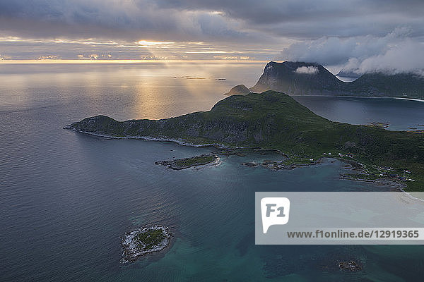 Majestic landscape with coastal mountains at sunrise  Offeroykammen  Vestvagoya  Lofoten Islands  Norway