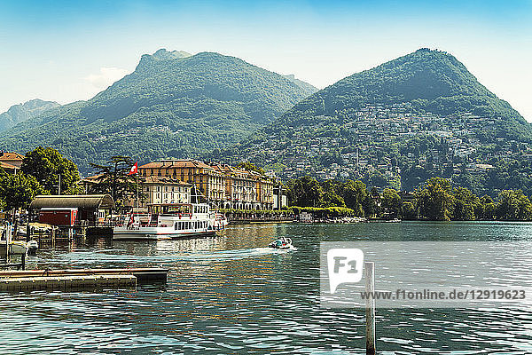 Landscape with village and ship dock at Lucerne Lake  Lucerne   Nidwalden  Switzerland