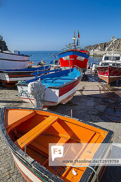 Bunte Fischerboote im Hafen von Camara de Lobos  Madeira  Portugal  Atlantik