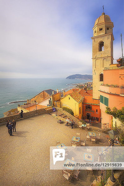Main square with the bell tower of Cervo  Imperia Province  Liguria  Italy