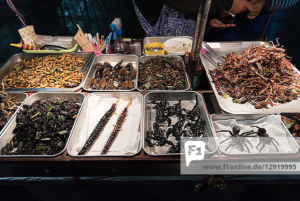 Straßenessen mit frittierten Insekten und Käfern  Bangkok  Thailand  Südostasien  Asien