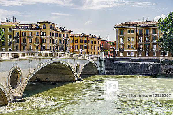 View of Victory Bridge with background buildings on River Adige  Verona  Veneto  Italy  Europe