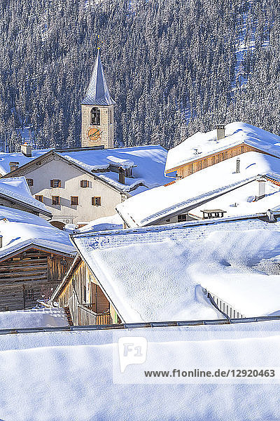 Village of Latsch after a snowfall  Bergun  Albula Valley  District of Prattigau/Davos  Canton of Graubunden  Switzerland