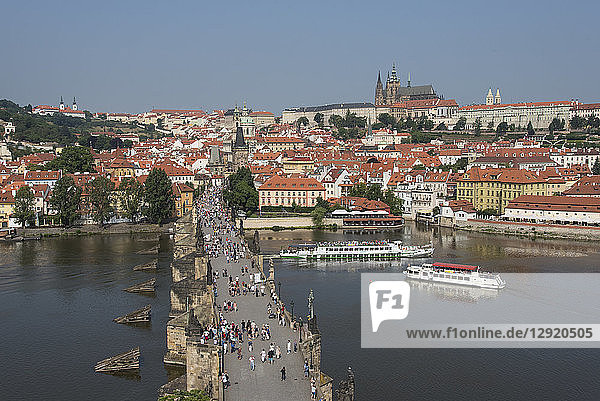 View of Charles Bridge from Old Town Bridge Tower looking toward Mala Strana and Prague Castle  UNESCO World Heritage Site  Prague  Czech Republic  Europe