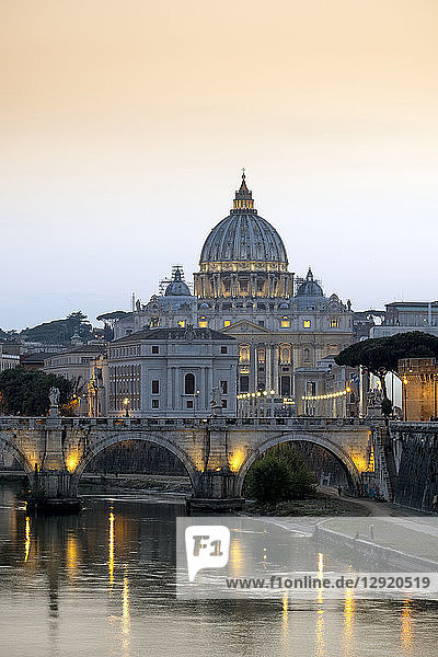 View of the Tiber (Tevere) River  Saint Angelo Bridge and the dome of St. Peter's  Rome  Lazio  Italy