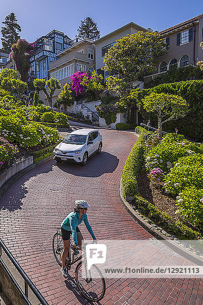 Auto und Radfahrer auf der Lombard Street  San Francisco  Kalifornien  Vereinigte Staaten von Amerika  Nordamerika