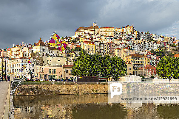 View from Mondego River to the old town with the university on top of the hill  Coimbra  Portugal  Europe