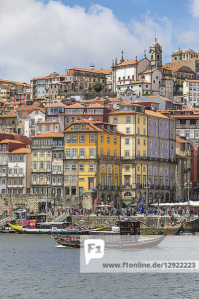 View from Douro River to the historical Ribeira Neighborhood  UNESCO World Heritage Site  Porto  Portugal  Europe