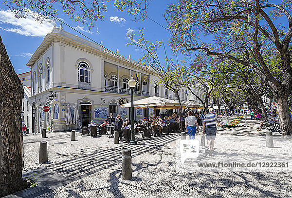 Al Fresco-Restaurants und Blumenfest auf der Avenue Arriaga im Frühling  Funchal  Madeira  Portugal