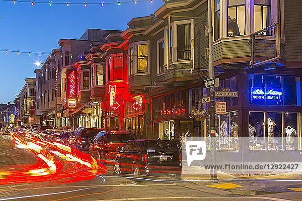 Club signs and shops in North Beach district  San Francisco  California  United States of America  North America