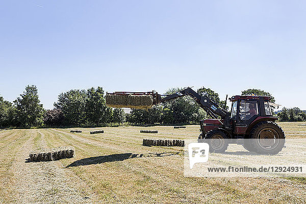 Tractor in a field  lifting stack of hay bales.