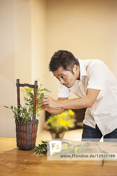 Japaner  der in einer Blumengalerie arbeitet und am Ikebana-Arrangement arbeitet.