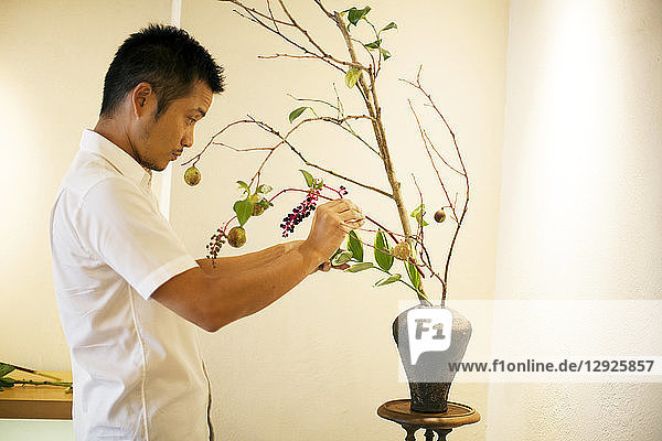 Japanischer Mann steht in der Blumengalerie und arbeitet am Ikebana-Arrangement.