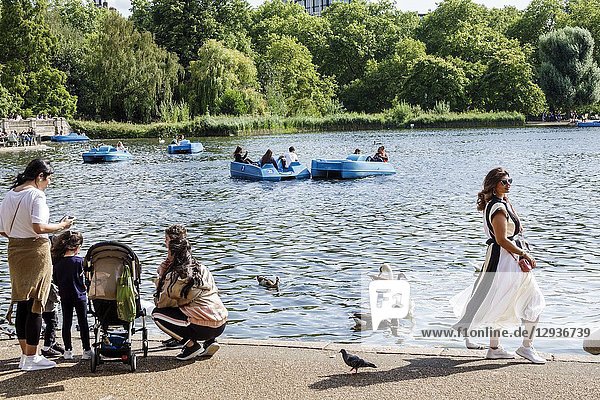 United Kingdom Great Britain England  London  Royal Parks  Hyde Park  park  green space  The Serpentine  recreational lake  woman  girl  child  family  feeding ducks  paddle pedal boats