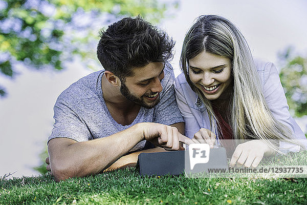 Ehepaar benutzt digitales Tablet im Park