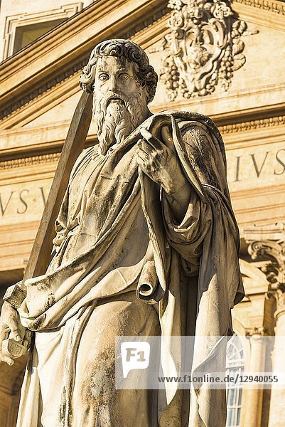 Statue of St. Paul the apostle in front of St. Peter's Basilica  Vatican  Rome  Lazio  Italy.