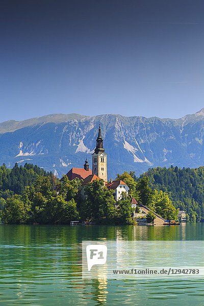 Church. Lake Bled. Julian Alps. Upper Carniola region. Slovenia  Europe.
