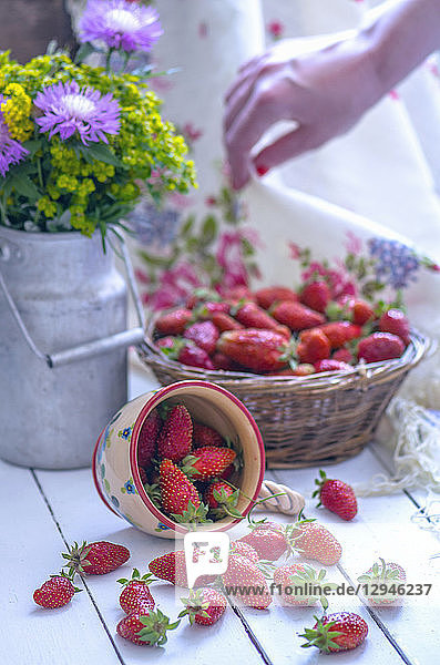 Erdbeeren in einem Korb und eine umgestülpte Tasse