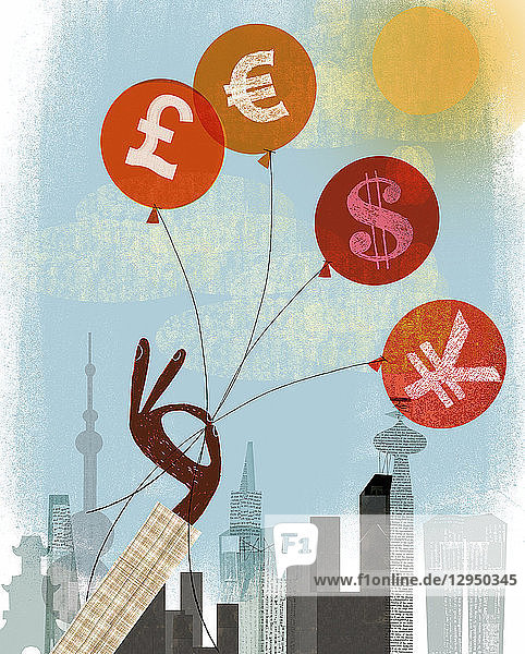 Hand hält sich an Pfund-  Euro-  Dollar- und Yen-Ballons fest