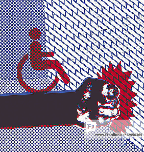 Behindertenschild auf geballter Faust schlägt gegen Ziegelwand