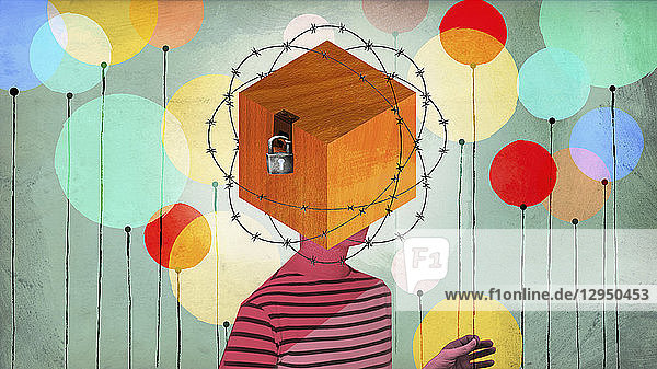 Frau mit Kopf in verschlossener Box umgeben von Stacheldraht und Ballons