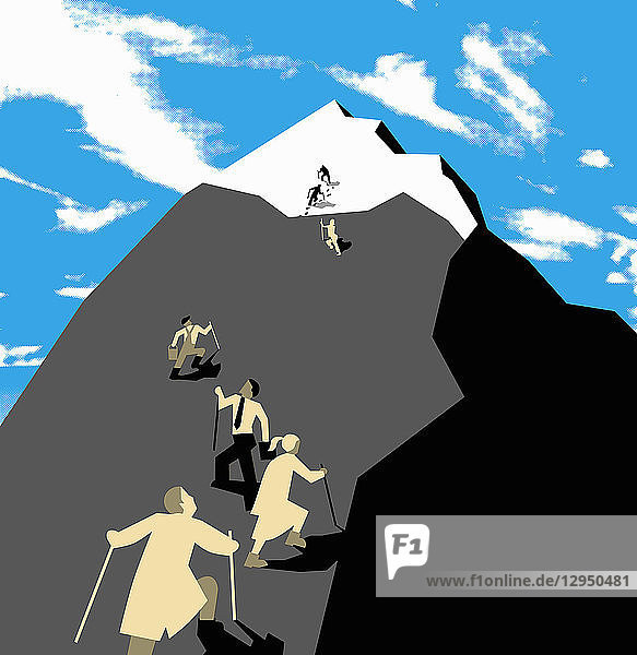 Menschen mit verschiedenen Berufen klettern auf einen Berg