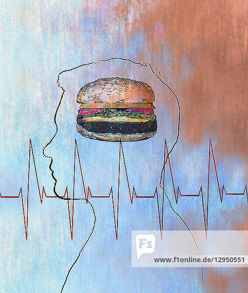 EKG über einem Mann  der an einen großen Cheeseburger denkt