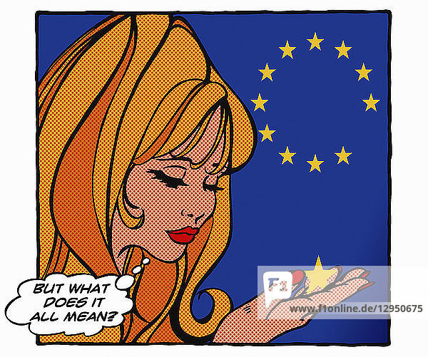 Verwirrte Frau mit einem Stern unter der Flagge der Europäischen Union