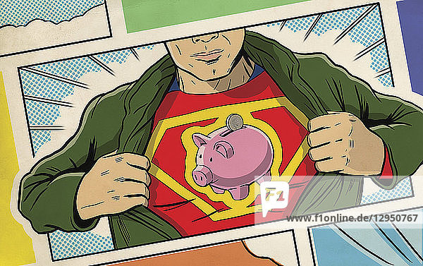 Superheld öffnet sein Hemd und legt Sparschwein-Logo frei