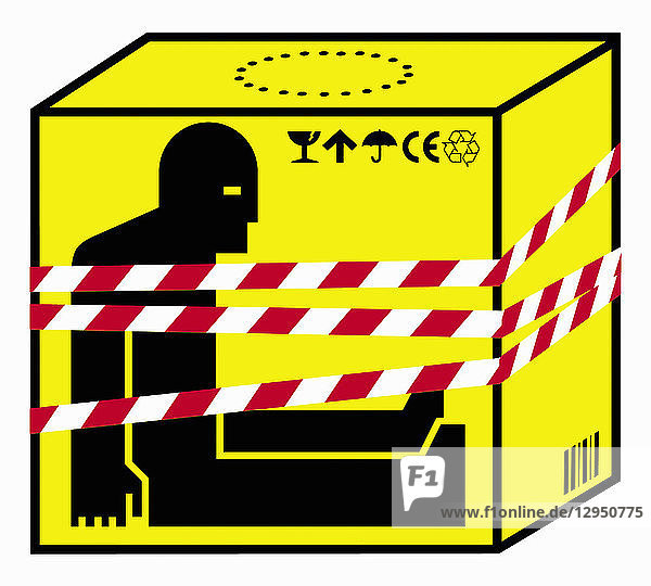 Flüchtling im Inneren einer Kiste mit Gefahrenband befestigt