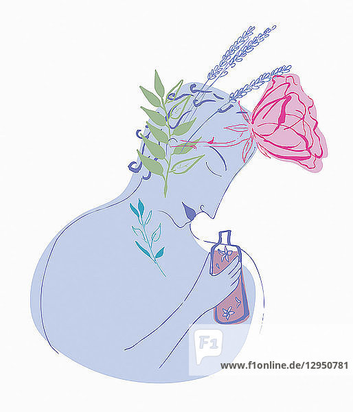Frau riecht Parfüm über Blumenmuster