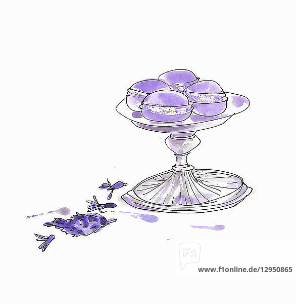 Lavendel-Macarons auf Kuchenständer