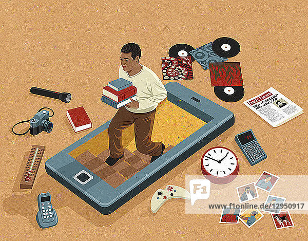 Mann räumt Keller von Dingen aus  die durch Smartphone-Apps obsolet geworden sind