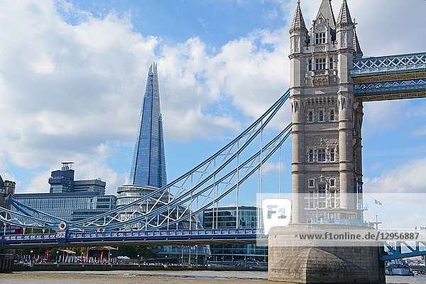 Partial view of the Tower Bridge over the River Thames. We can also see the City Hall and The Shard. London  England  Great Britain  Europe.