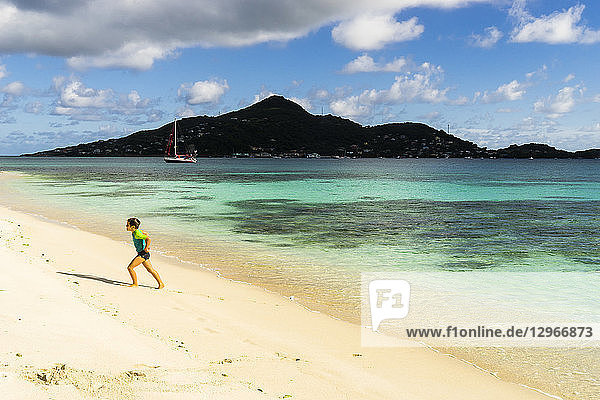 A boy 8 years old walking on the Petit-St-Vincent's beach  Saint Vincent and the Grenadines  Lesser Antilles  West Indies  Windward Islands  Caribbean  Central America