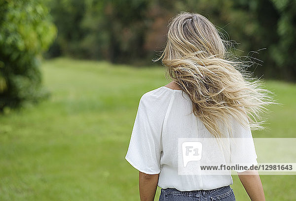 Rückansicht einer jungen Frau mit zerzaustem Haar