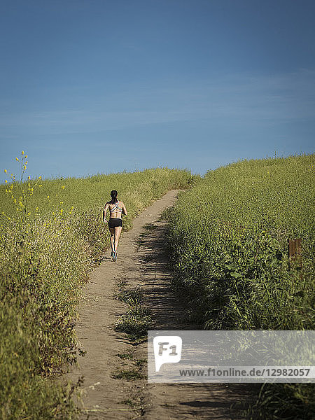 Frau joggt auf einem Weg durch ein Feld