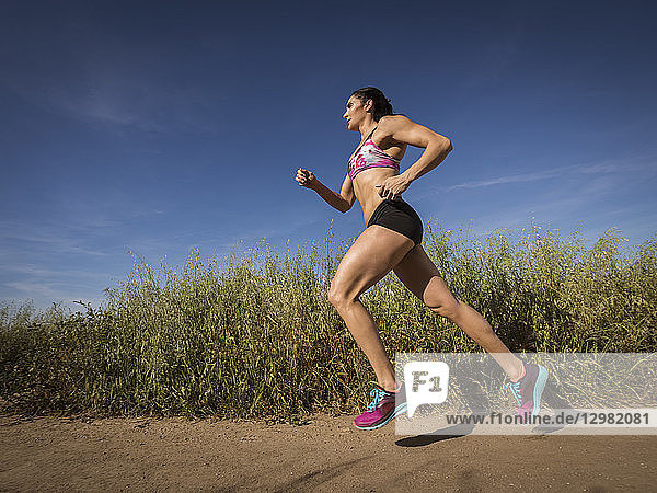 Mittlere erwachsene Frau joggt auf einem Weg durch ein Feld
